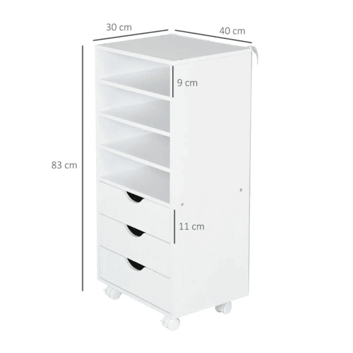 Vinsetto Móveis auxiliares para escritório Estudo Grande espaço de armazenamento com 3 gavetas 4 prateleiras abertas 4 rodas 40x30x83 cm Branco