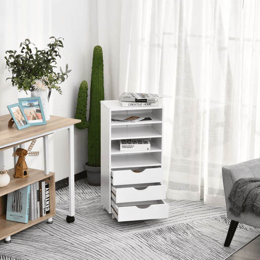 Vinsetto Móveis auxiliares para escritório Estudo Grande espaço de armazenamento com 3 gavetas 4 prateleiras abertas 4 rodas 40x30x83 cm Branco