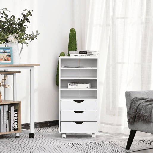 Vinsetto Móveis auxiliares para escritório Estudo Grande espaço de armazenamento com 3 gavetas 4 prateleiras abertas 4 rodas 40x30x83 cm Branco