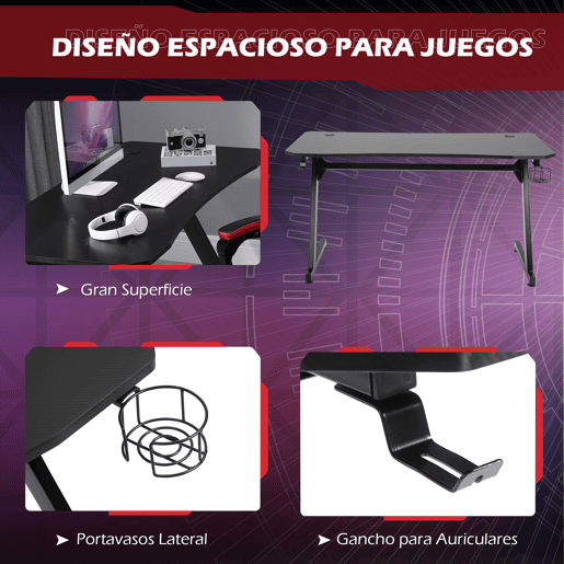 HOMCOM Secretária Gaming 120x65x74,5cm Secretária Gaming para Computador com Suporte para Copos Gancho para Fones de Ouvido e Pés Ajustáveis com Efeito de Fibra de Carbono Preto