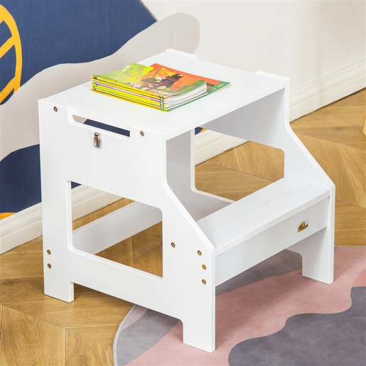HOMCOM Torre de Aprendizagem para Crianças 3-6 Anos de Madeira Torre de Aprendizagem Infantil Convertível em Secretária com Ardósia e Barra de Segurança para Casa de Banho Cozinha 42x44x86cm Branco