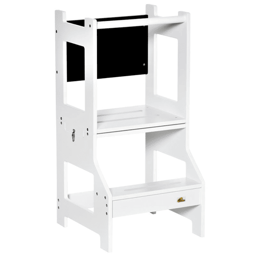 HOMCOM Torre de Aprendizagem para Crianças 3-6 Anos de Madeira Torre de Aprendizagem Infantil Convertível em Secretária com Ardósia e Barra de Segurança para Casa de Banho Cozinha 42x44x86cm Branco