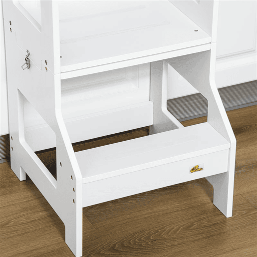 HOMCOM Torre de Aprendizagem para Crianças 3-6 Anos de Madeira Torre de Aprendizagem Infantil Convertível em Secretária com Ardósia e Barra de Segurança para Casa de Banho Cozinha 42x44x86cm Branco