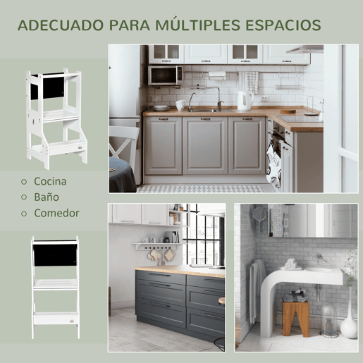 HOMCOM Torre de Aprendizagem para Crianças 3-6 Anos de Madeira Torre de Aprendizagem Infantil Convertível em Secretária com Ardósia e Barra de Segurança para Casa de Banho Cozinha 42x44x86cm Branco