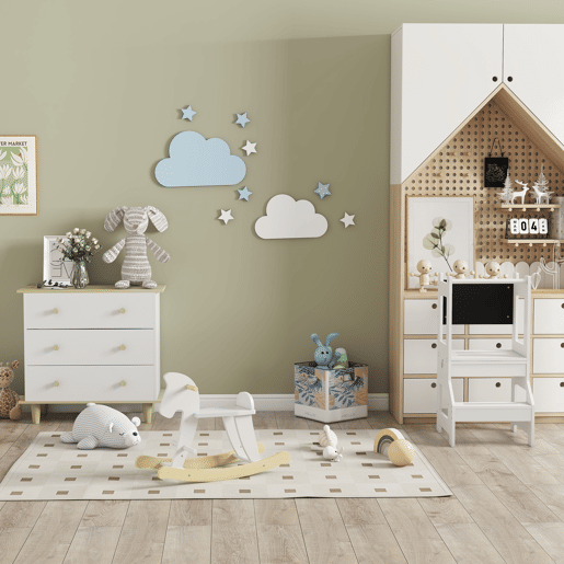 HOMCOM Torre de Aprendizagem para Crianças 3-6 Anos de Madeira Torre de Aprendizagem Infantil Convertível em Secretária com Ardósia e Barra de Segurança para Casa de Banho Cozinha 42x44x86cm Branco