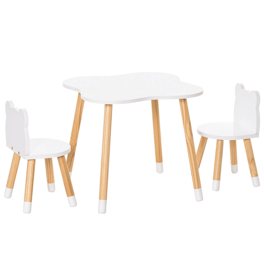HOMCOM Conjunto Infantil de Mesa e 2 Cadeiras de Madeira Móveis Infantil para Sala de Jogos Dormitório de Crianças Mesa 56x56x50cm e Cadeira 28x25x46cm Branco