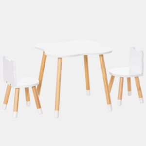 HOMCOM Conjunto Infantil de Mesa e 2 Cadeiras de Madeira Móveis Infantil para Sala de Jogos Dormitório de Crianças Mesa 56x56x50cm e Cadeira 28x25x46cm Branco