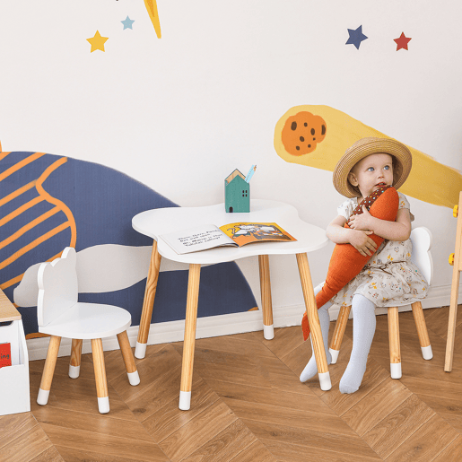 HOMCOM Conjunto Infantil de Mesa e 2 Cadeiras de Madeira Móveis Infantil para Sala de Jogos Dormitório de Crianças Mesa 56x56x50cm e Cadeira 28x25x46cm Branco