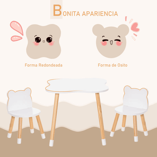 HOMCOM Conjunto Infantil de Mesa e 2 Cadeiras de Madeira Móveis Infantil para Sala de Jogos Dormitório de Crianças Mesa 56x56x50cm e Cadeira 28x25x46cm Branco