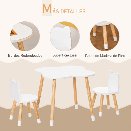 HOMCOM Conjunto Infantil de Mesa e 2 Cadeiras de Madeira Móveis Infantil para Sala de Jogos Dormitório de Crianças Mesa 56x56x50cm e Cadeira 28x25x46cm Branco
