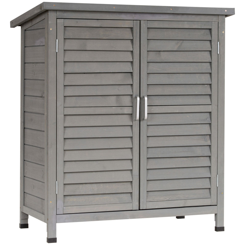 Outsunny cobertizo de almacenamiento de madera para jardín con 2 estantes interiores 2 puertas y techo inclinado para exterior terreza 87x46,5x96,5 cm gris