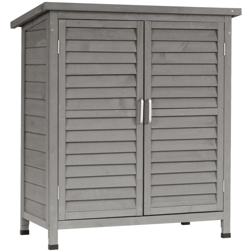 Outsunny Armário de Armazenamento de Madeira para Jardim com 2 Prateleiras Interiores 2 Portas e Teto Inclinado para Exterior Terraço 87x46,5x96,5cm Cinza