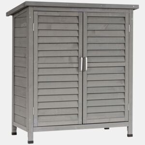 Outsunny Armário de Armazenamento de Madeira para Jardim com 2 Prateleiras Interiores 2 Portas e Teto Inclinado para Exterior Terraço 87x46,5x96,5cm Cinza