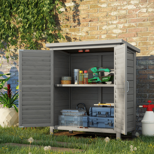 Outsunny Armário de Armazenamento de Madeira para Jardim com 2 Prateleiras Interiores 2 Portas e Teto Inclinado para Exterior Terraço 87x46,5x96,5cm Cinza