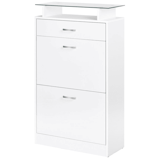 HOMCOM Móvel Sapateiro de 2 Portas Sapateiro Estreito para 12 Pares de Sapatos com Gaveta Prateleira Aberta e Bancada de Vidro para Corredor Entrada 60x24x105,5cm Branco