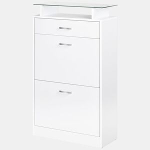 HOMCOM Móvel Sapateiro de 2 Portas Sapateiro Estreito para 12 Pares de Sapatos com Gaveta Prateleira Aberta e Bancada de Vidro para Corredor Entrada 60x24x105,5cm Branco