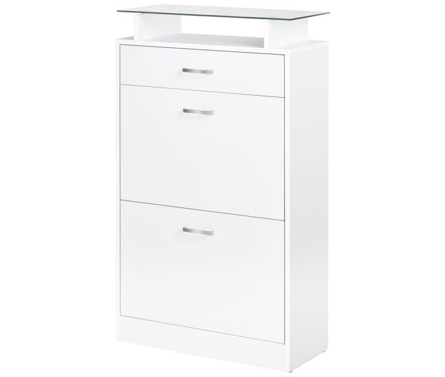 Homcom mueble zapatero armario zapatero con 3 cajones estante de vidrio y asa de aluminio para pasillo entrada carga 50 kg 60x24x105,5 cm blanco