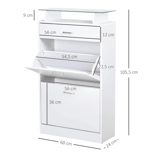 HOMCOM Móvel Sapateiro de 2 Portas Sapateiro Estreito para 12 Pares de Sapatos com Gaveta Prateleira Aberta e Bancada de Vidro para Corredor Entrada 60x24x105,5cm Branco