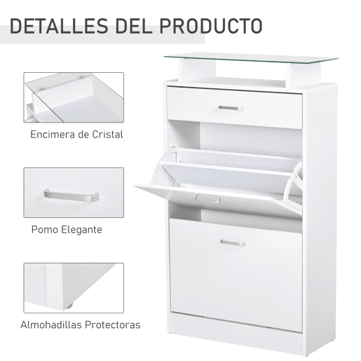 HOMCOM Móvel Sapateiro de 2 Portas Sapateiro Estreito para 12 Pares de Sapatos com Gaveta Prateleira Aberta e Bancada de Vidro para Corredor Entrada 60x24x105,5cm Branco