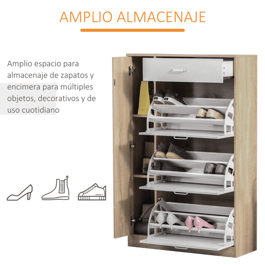 HOMCOM Sapateira de 3 Portas para 18-27 Pares de Sapatos com Gaveta e Armário para Entrada Dormitório 84x30x132 cm Madeira Natural