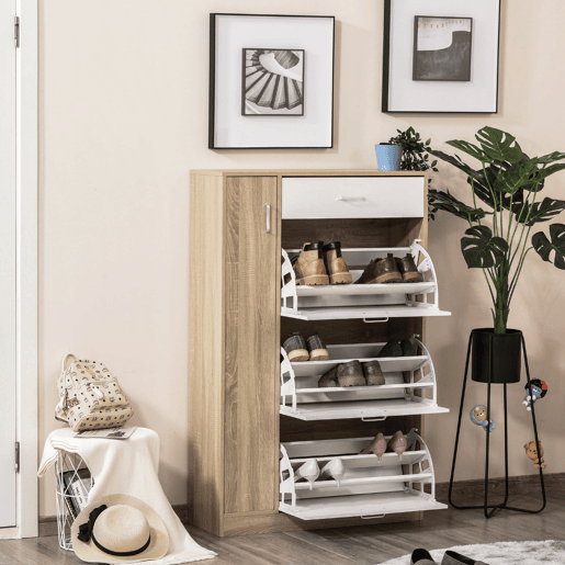 HOMCOM Sapateira de 3 Portas para 18-27 Pares de Sapatos com Gaveta e Armário para Entrada Dormitório 84x30x132 cm Madeira Natural
