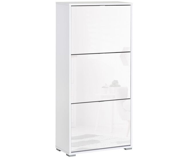 Homcom zapatero estrecho moderno con 3 cajones abatibles zapatero entrada recibidor capacidad de 18 pares de zapatos para pasillo entrada pisos pequeños 60x26x124 cm blanco brillo