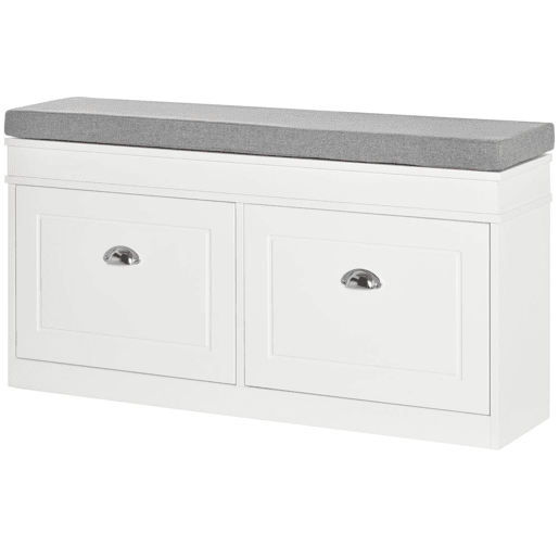 HOMCOM Banco Sapateira com Armazenamento para 8 Pares de Sapatos com 2 Gavetas Prateleiras Ajustáveis e Almofada Acolchoada para Entrada Corredor 104x24x55cm Branco