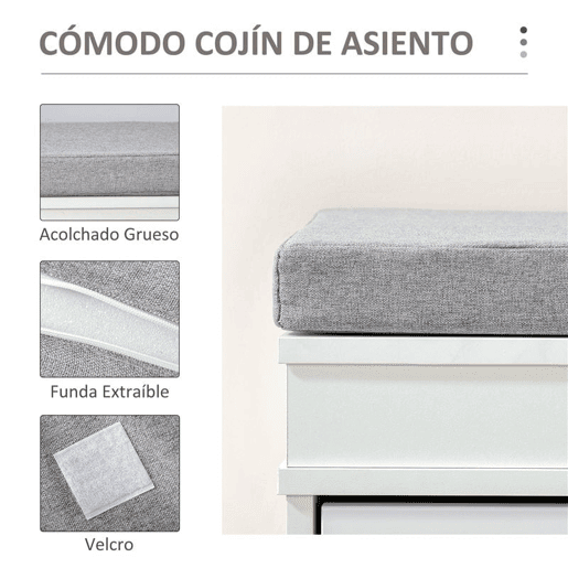 HOMCOM Banco Sapateira com Armazenamento para 8 Pares de Sapatos com 2 Gavetas Prateleiras Ajustáveis e Almofada Acolchoada para Entrada Corredor 104x24x55cm Branco