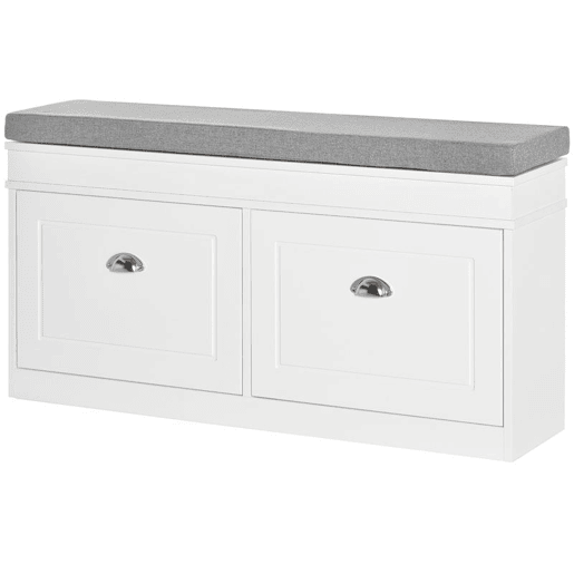 HOMCOM Banco Sapateira com Armazenamento para 8 Pares de Sapatos com 2 Gavetas Prateleiras Ajustáveis e Almofada Acolchoada para Entrada Corredor 104x24x55cm Branco