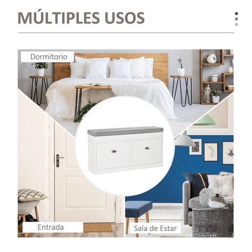 HOMCOM Banco Sapateira com Armazenamento para 8 Pares de Sapatos com 2 Gavetas Prateleiras Ajustáveis e Almofada Acolchoada para Entrada Corredor 104x24x55cm Branco