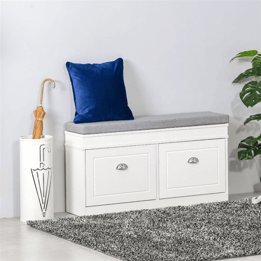 HOMCOM Banco Sapateira com Armazenamento para 8 Pares de Sapatos com 2 Gavetas Prateleiras Ajustáveis e Almofada Acolchoada para Entrada Corredor 104x24x55cm Branco