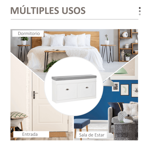 HOMCOM Banco Sapateira com Armazenamento para 8 Pares de Sapatos com 2 Gavetas Prateleiras Ajustáveis e Almofada Acolchoada para Entrada Corredor 104x24x55cm Branco