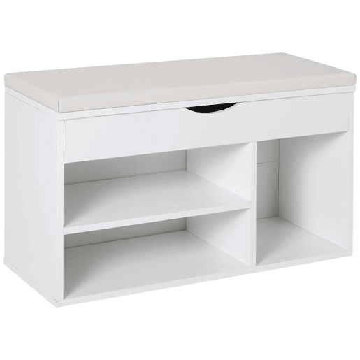 HOMCOM Banco Sapateira com Armazenamento Gaveta Prateleira e Assento Acolchoado para Entrada Estilo Moderno 80x30x47cm Branco