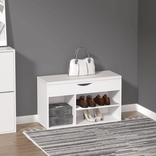 HOMCOM Banco Sapateira com Armazenamento Gaveta Prateleira e Assento Acolchoado para Entrada Estilo Moderno 80x30x47cm Branco
