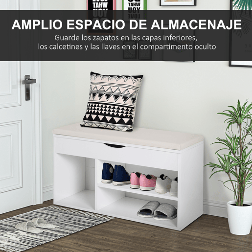 HOMCOM Banco Sapateira com Armazenamento Gaveta Prateleira e Assento Acolchoado para Entrada Estilo Moderno 80x30x47cm Branco