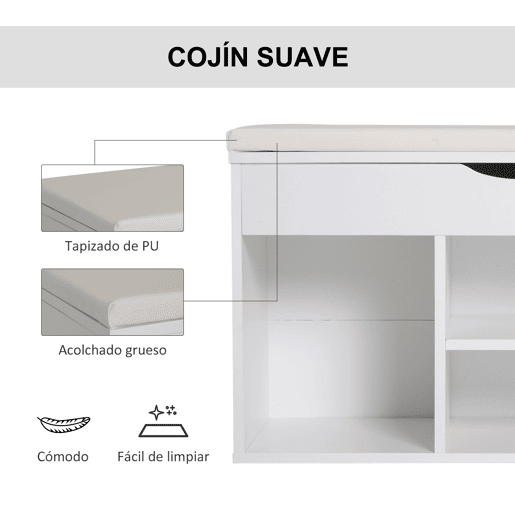 HOMCOM Banco Sapateira com Armazenamento Gaveta Prateleira e Assento Acolchoado para Entrada Estilo Moderno 80x30x47cm Branco