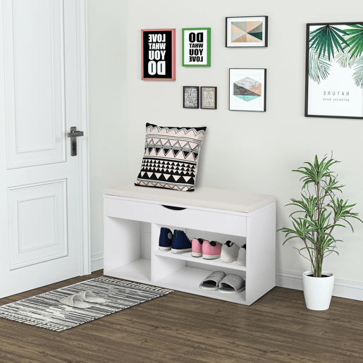HOMCOM Banco Sapateira com Armazenamento Gaveta Prateleira e Assento Acolchoado para Entrada Estilo Moderno 80x30x47cm Branco