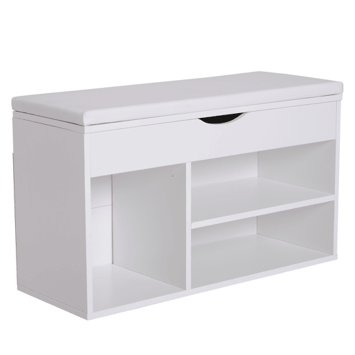 HOMCOM Banco Sapateira com Armazenamento Gaveta Prateleira e Assento Acolchoado para Entrada Estilo Moderno 80x30x47cm Branco