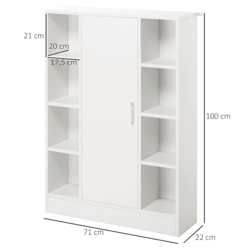Kleankin Armário Casa de Banho de Madeira com 8 Prateleiras Abertas e 1 Porta com Prateleiras Ajustáveis Móvel Auxiliar Multiuso para Cozinha Sala de Estar 71x22x100cm Branco