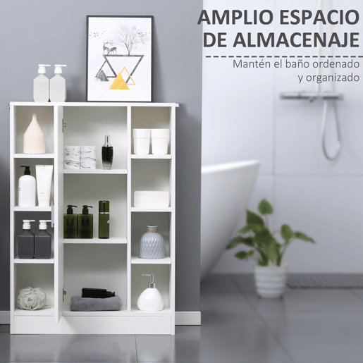Kleankin Armário Casa de Banho de Madeira com 8 Prateleiras Abertas e 1 Porta com Prateleiras Ajustáveis Móvel Auxiliar Multiuso para Cozinha Sala de Estar 71x22x100cm Branco