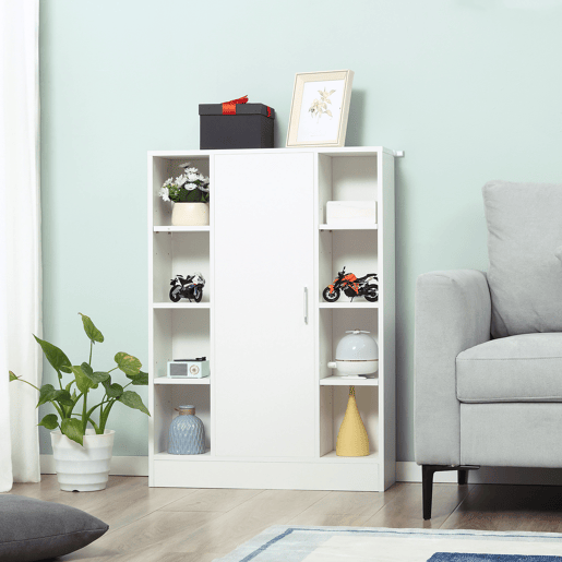 Kleankin Armário Casa de Banho de Madeira com 8 Prateleiras Abertas e 1 Porta com Prateleiras Ajustáveis Móvel Auxiliar Multiuso para Cozinha Sala de Estar 71x22x100cm Branco