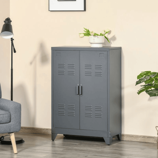 HOMCOM Armário de Metal de Armazenamento com Dupla Porta 2 Prateleiras com Altura Ajustável Armário Multiúso para Escritório Dormitório Garagem 75x33x110cm Cinza