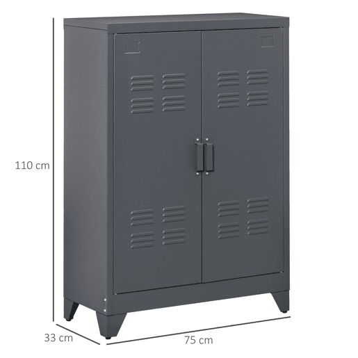 HOMCOM Armário de Metal de Armazenamento com Dupla Porta 2 Prateleiras com Altura Ajustável Armário Multiúso para Escritório Dormitório Garagem 75x33x110cm Cinza