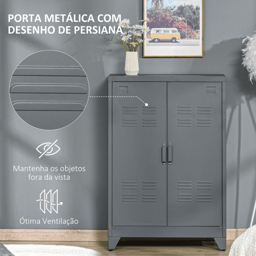 HOMCOM Armário de Metal de Armazenamento com Dupla Porta 2 Prateleiras com Altura Ajustável Armário Multiúso para Escritório Dormitório Garagem 75x33x110cm Cinza
