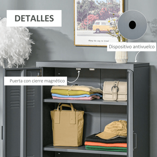 HOMCOM Armário de Metal de Armazenamento com Dupla Porta 2 Prateleiras com Altura Ajustável Armário Multiúso para Escritório Dormitório Garagem 75x33x110cm Cinza