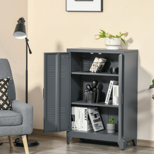 HOMCOM Armário de Metal de Armazenamento com Dupla Porta 2 Prateleiras com Altura Ajustável Armário Multiúso para Escritório Dormitório Garagem 75x33x110cm Cinza