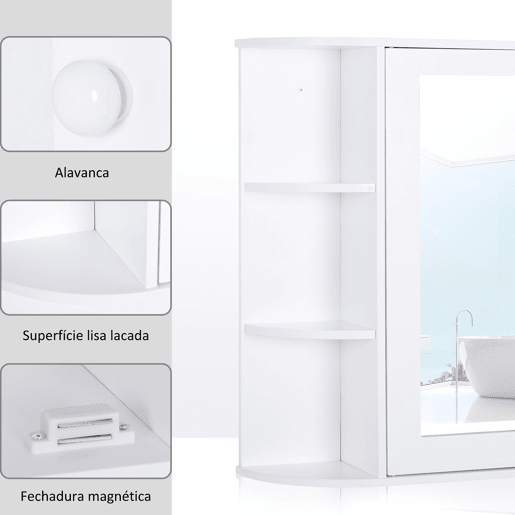 HOMCOM Armário de Casa de Banho com Espelho, Armário de Parede com Porta, Prateleiras Abertas, Móvel Suspenso para Cozinha, Sala, 66x17x63 cm, Branco