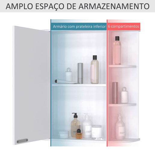 HOMCOM Armário de Casa de Banho com Espelho, Armário de Parede com Porta, Prateleiras Abertas, Móvel Suspenso para Cozinha, Sala, 66x17x63 cm, Branco