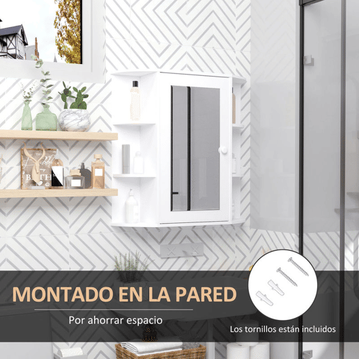 HOMCOM Armário de Casa de Banho com Espelho, Armário de Parede com Porta, Prateleiras Abertas, Móvel Suspenso para Cozinha, Sala, 66x17x63 cm, Branco