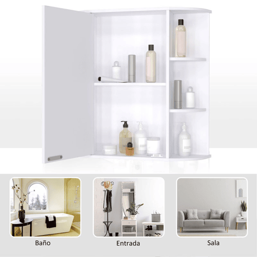 HOMCOM Armário de Casa de Banho com Espelho, Armário de Parede com Porta, Prateleiras Abertas, Móvel Suspenso para Cozinha, Sala, 66x17x63 cm, Branco